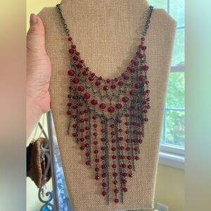 Gun Metal Red Beads Beaded Fringe Statement Necklace‎
